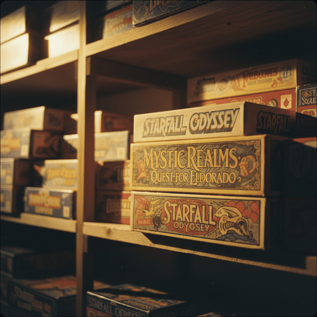 Board games displayed on wooden shelf