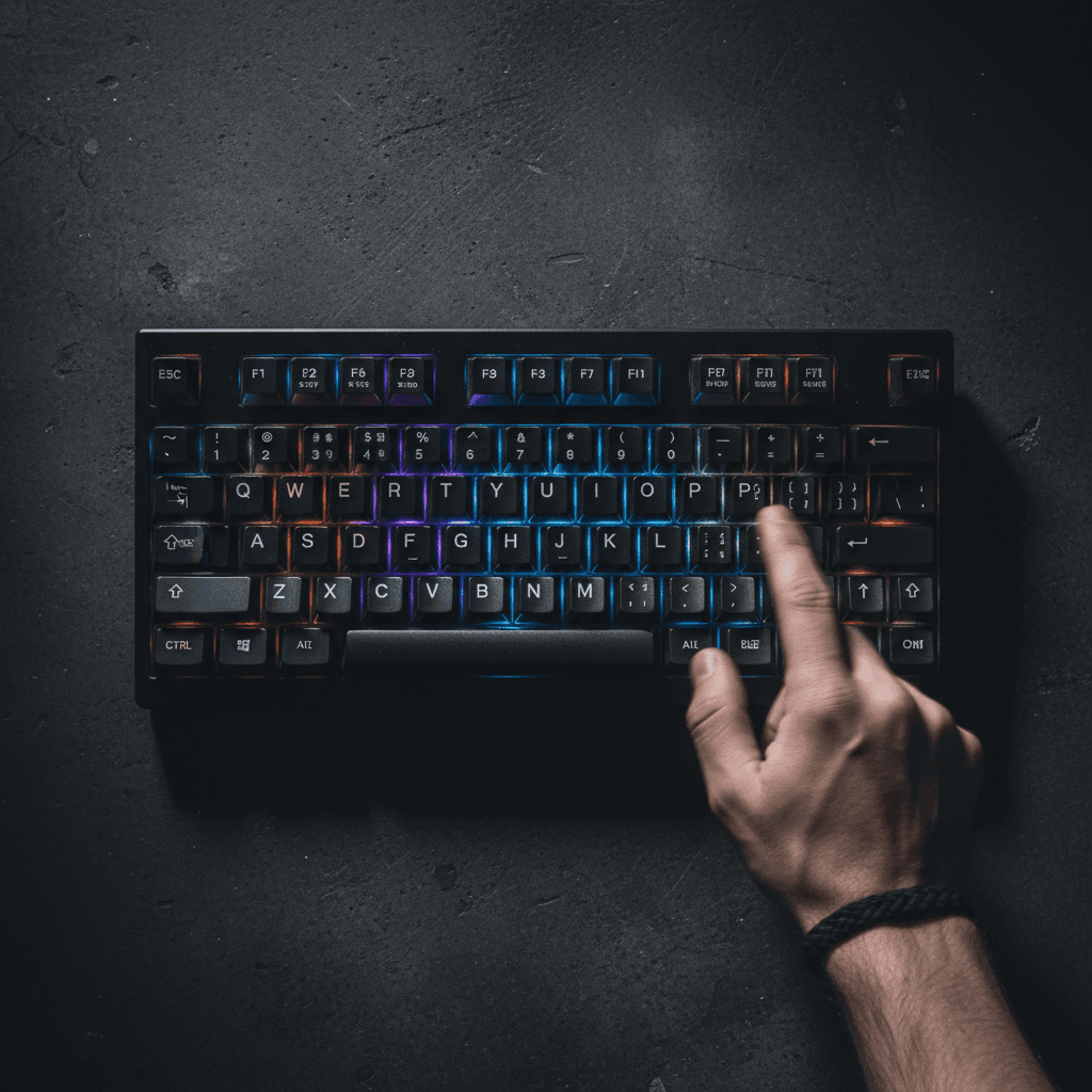 Mechanical keyboard with dramatic lighting and hand interaction