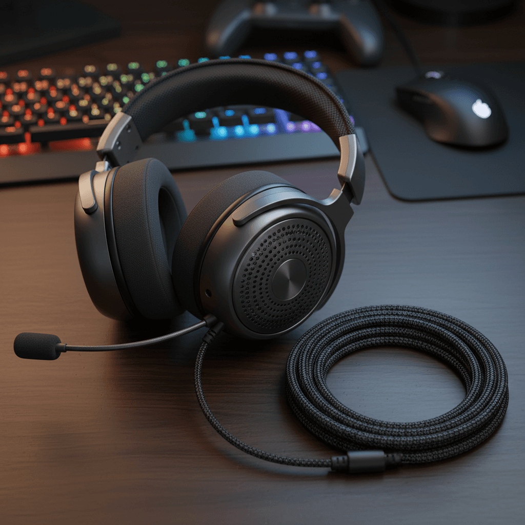Gaming headphones with microphone on desk