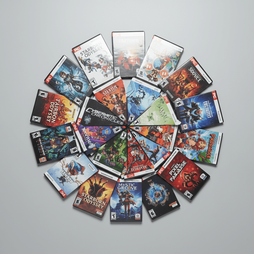 Organized PC and indie game titles arranged in retail display