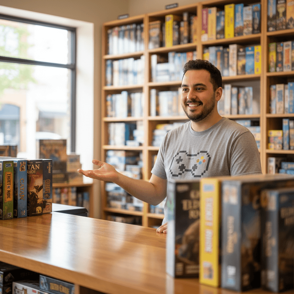 Gaming store staff member recommending products