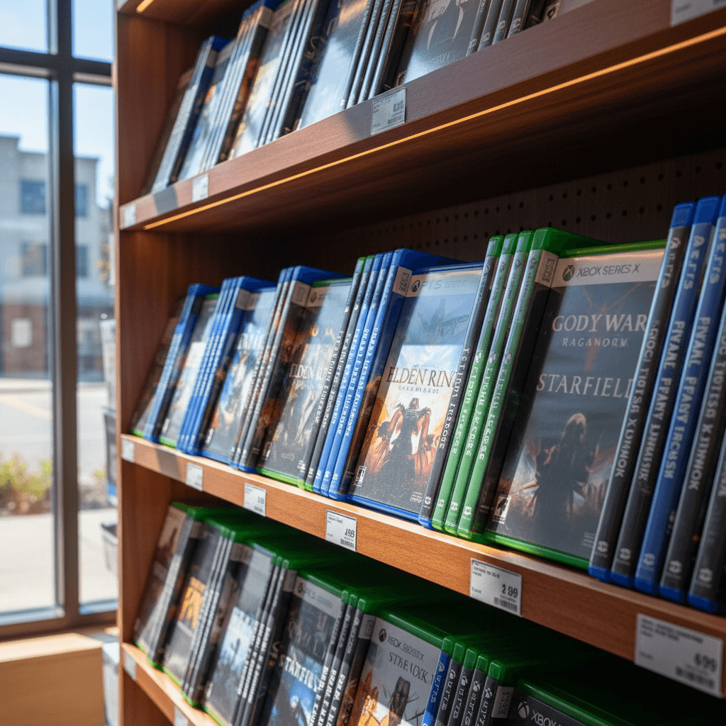Stacked PlayStation and Xbox game cases on retail shelf