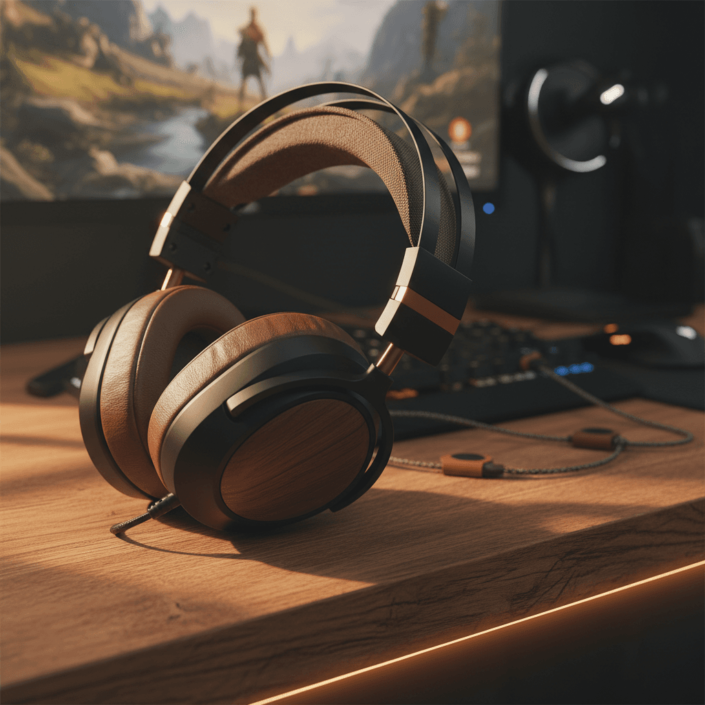 Gaming Headset on wooden desk with soft natural lighting