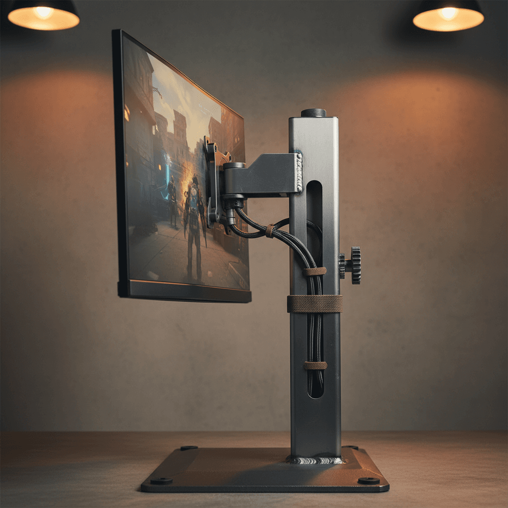 Gaming monitor elevated on riser stand showing ergonomic positioning