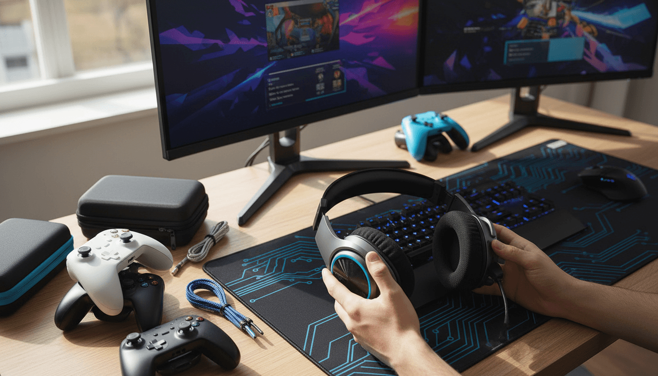 Gaming accessories including headsets, controllers, and protective gear displayed on a gaming desk