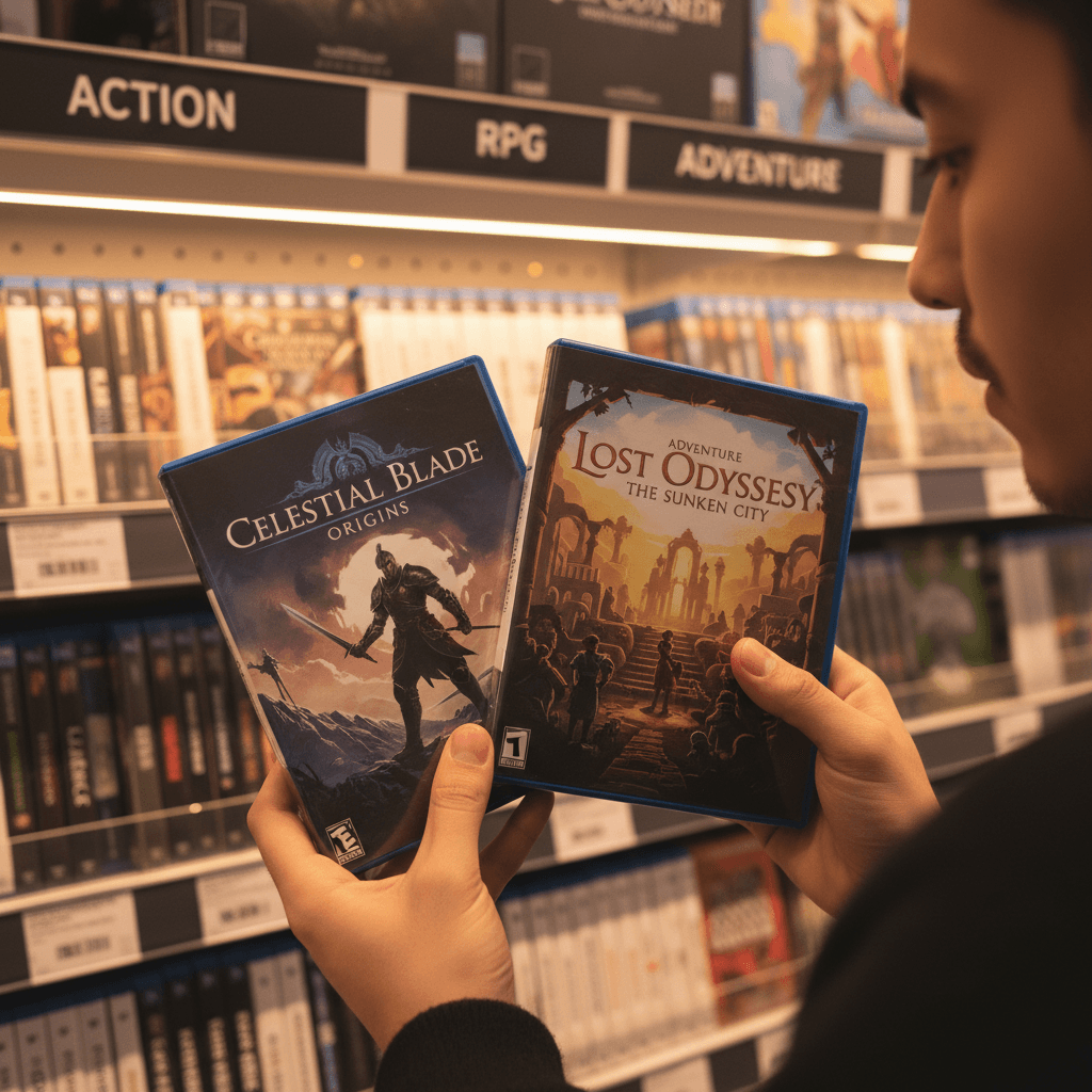 Customer hands holding featured action and RPG game titles