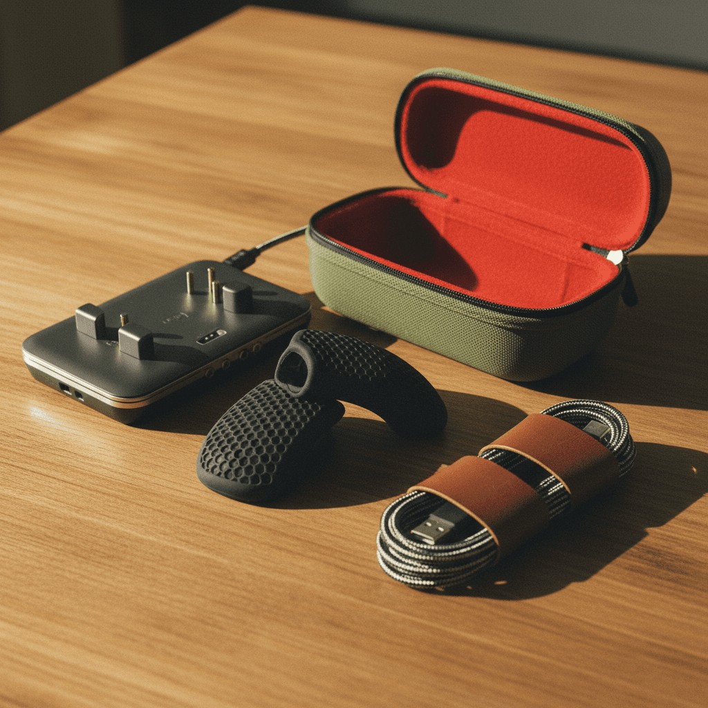 Gaming controller accessories arranged with vintage film aesthetic